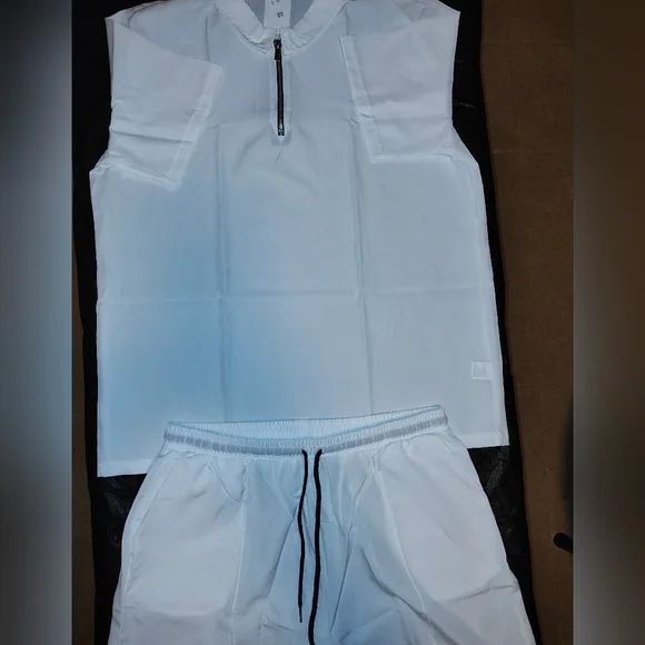 Men's White Quarter Zip Up 2 Piece Shorts Set - Picture 3 of 4